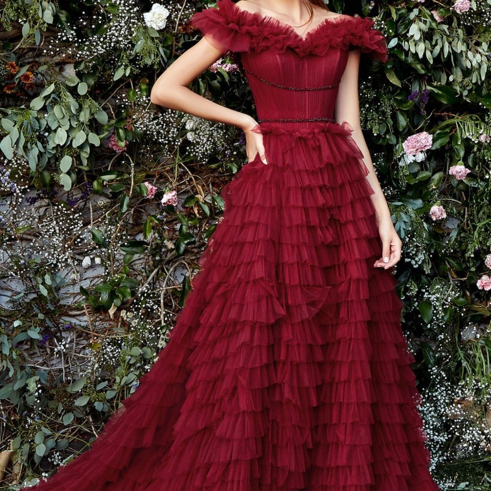 BURGUNDY OFF THE SHOULDER RUFFLE BALL EVENING BRIDAL WEDDING PARTY PROM GOWN - Picture 8 of 8